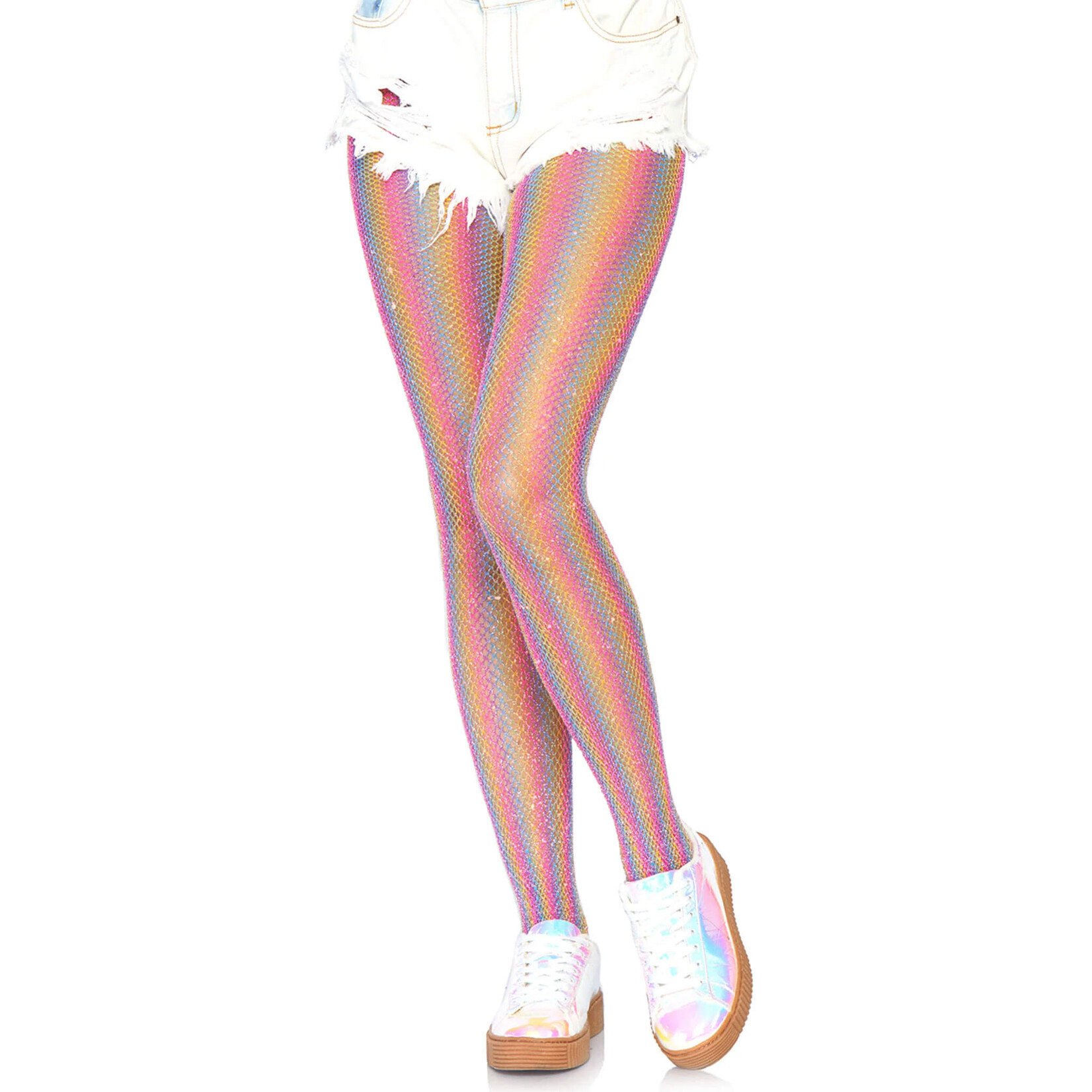 Leg Avenue Colored Lurex Shimmer Rainbow Striped Fishnet Tights