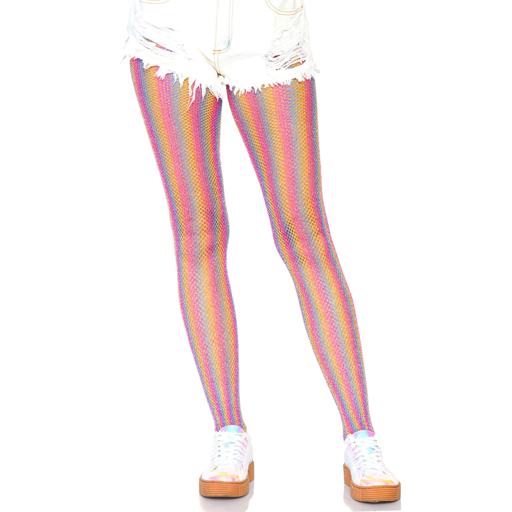 Leg Avenue Colored Lurex Shimmer Rainbow Striped Fishnet Tights