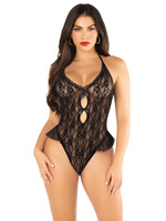 Leg Avenue Floral Lace Halter Teddy with Mini Bow Detail and Flutter Accent - Black
