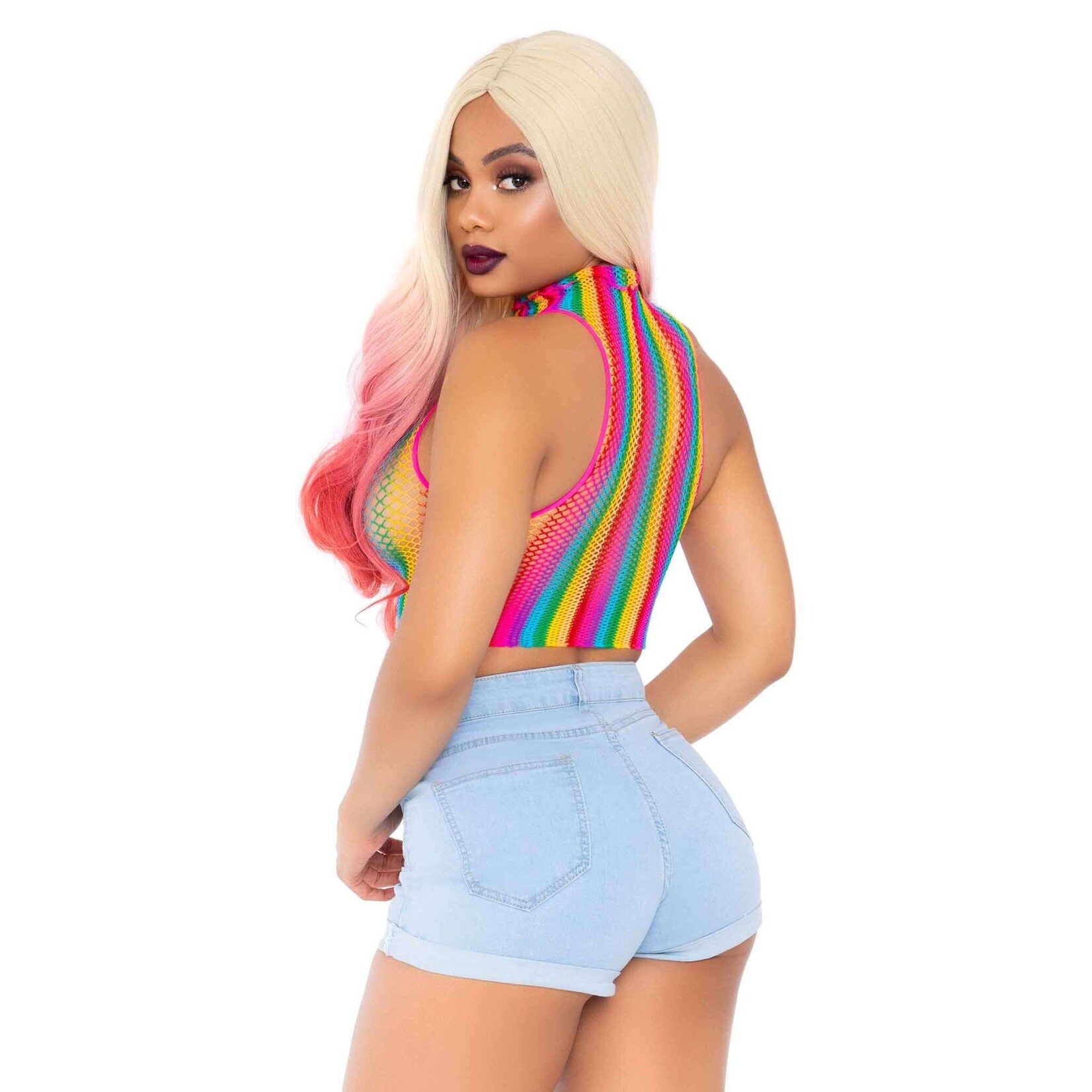 Leg Avenue Rainbow Net High Neck Crop Top