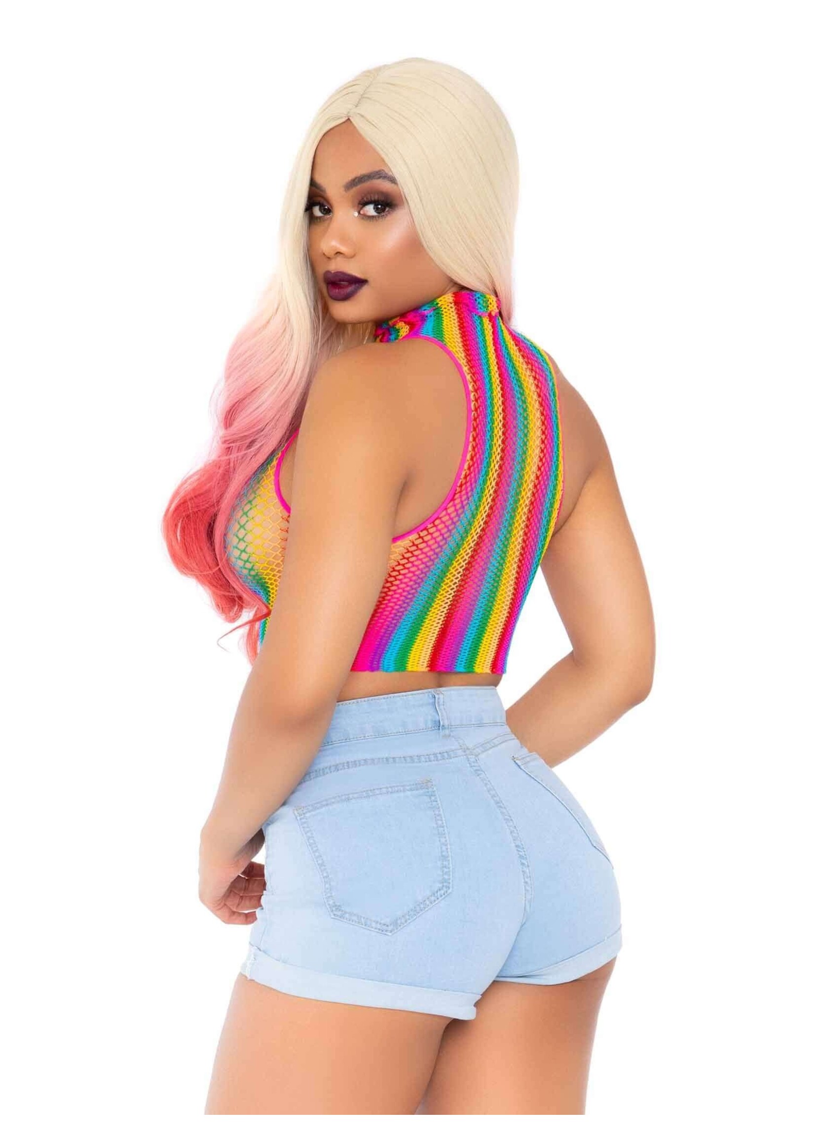 Leg Avenue Rainbow Net High Neck Crop Top