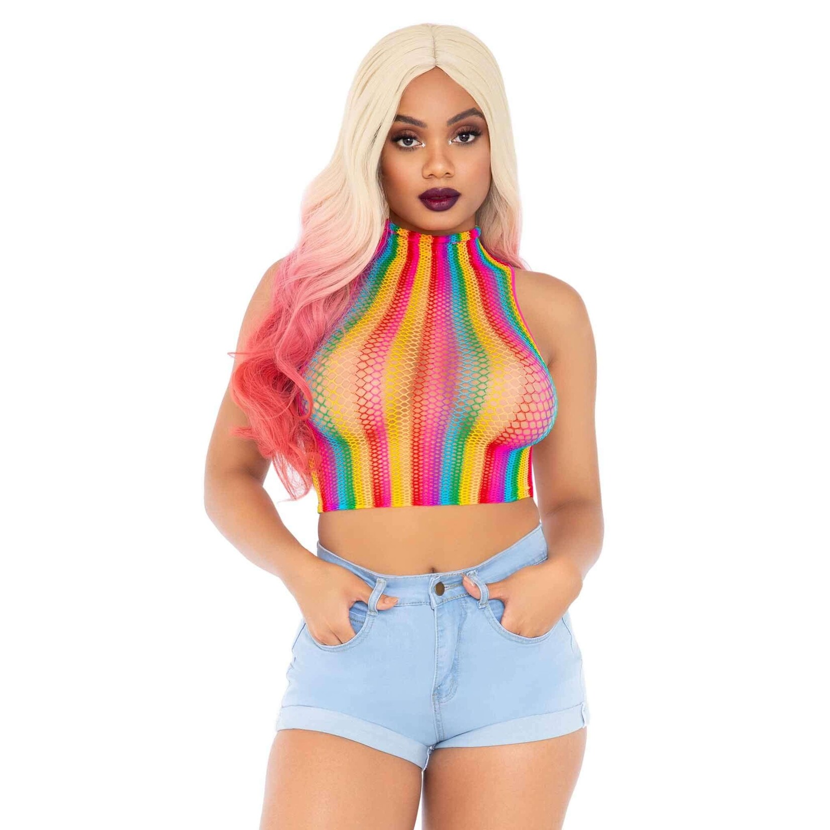 Leg Avenue Rainbow Net High Neck Crop Top