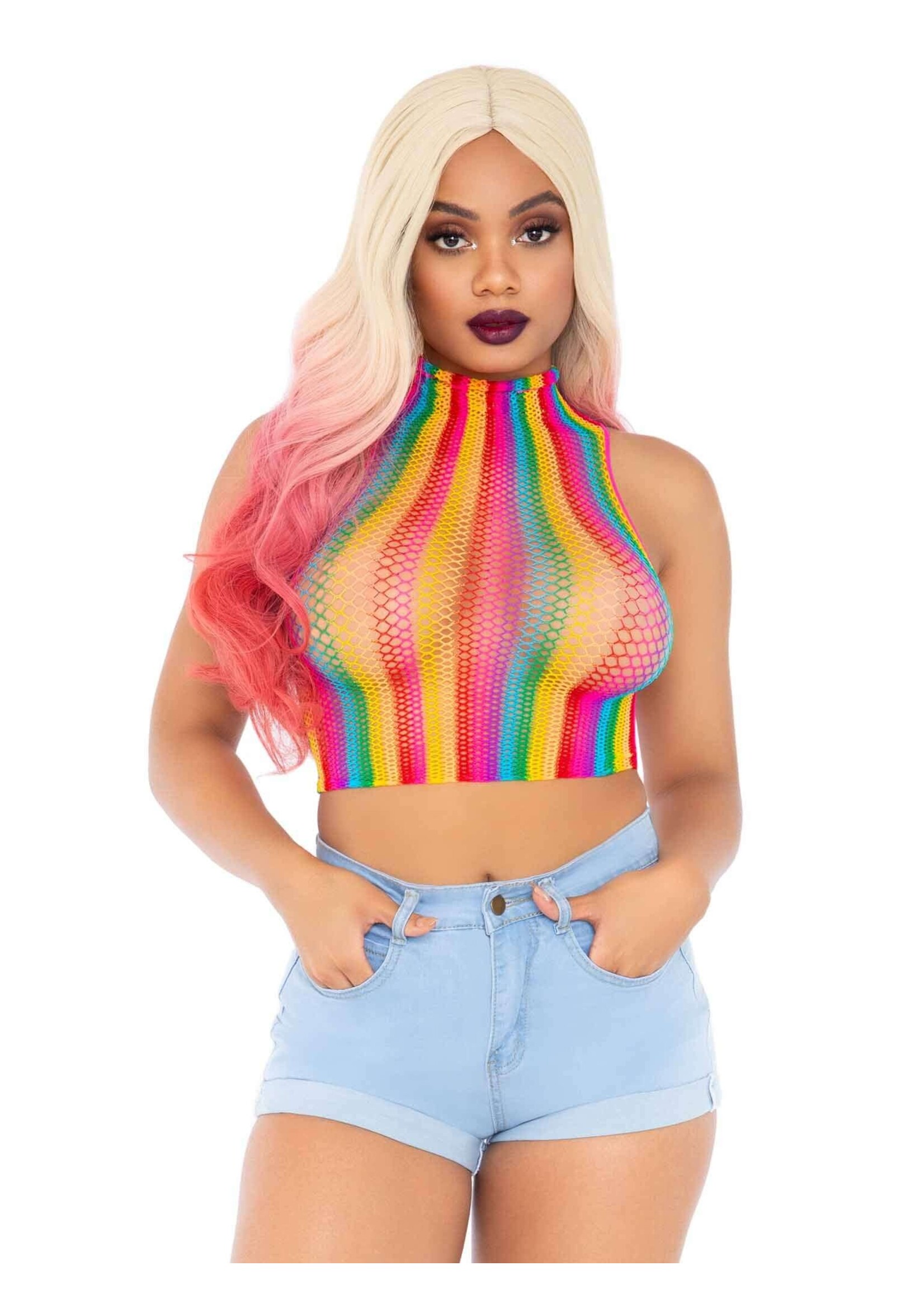 Leg Avenue Rainbow Net High Neck Crop Top