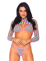 Leg Avenue 3 PC Rainbow Fishnet Bikini Top, G-String Panty, and Long Sleeved Crop Top