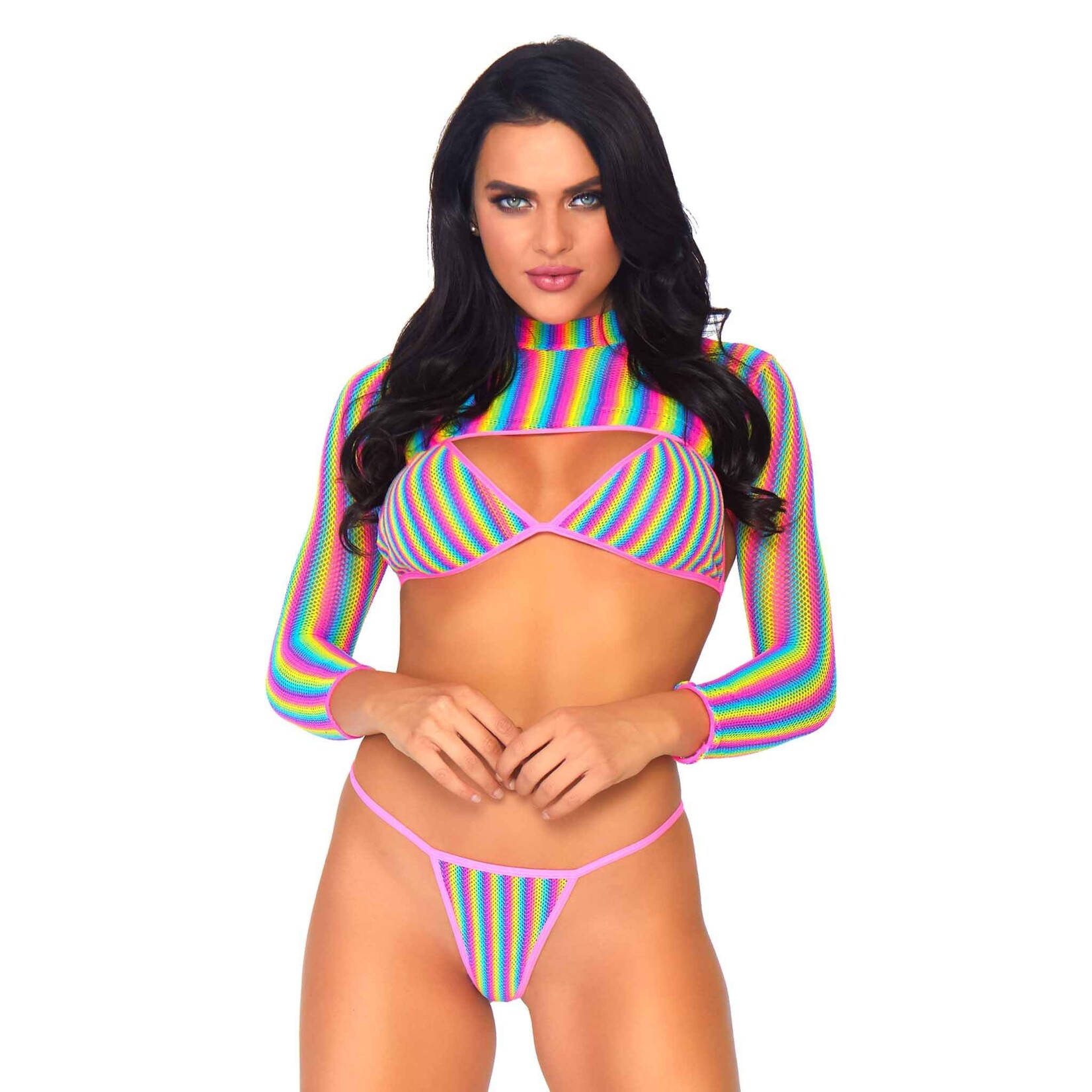Leg Avenue 3 PC Rainbow Fishnet Bikini Top, G-String Panty, and Long Sleeved Crop Top