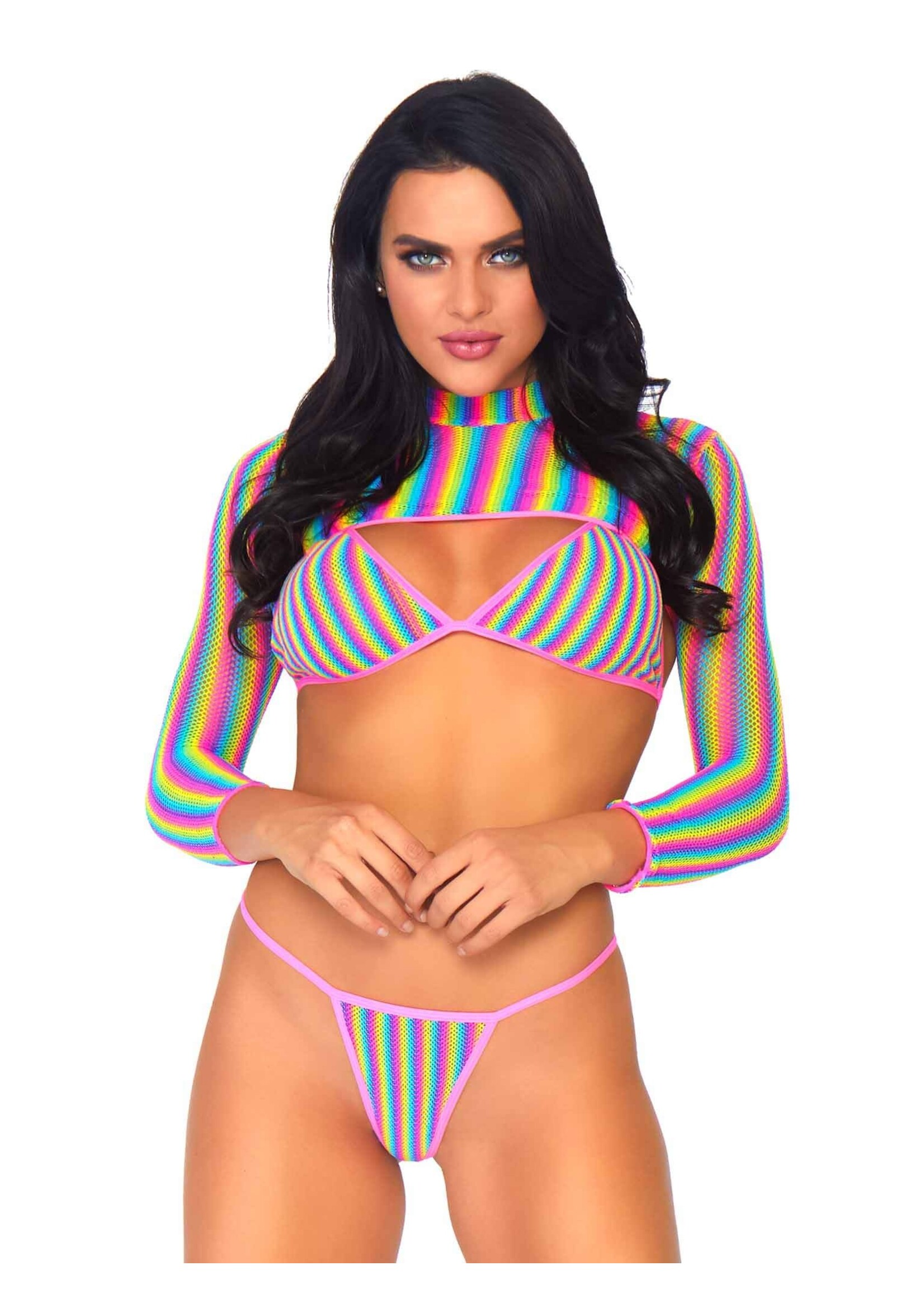 Leg Avenue 3 PC Rainbow Fishnet Bikini Top, G-String Panty, and Long Sleeved Crop Top
