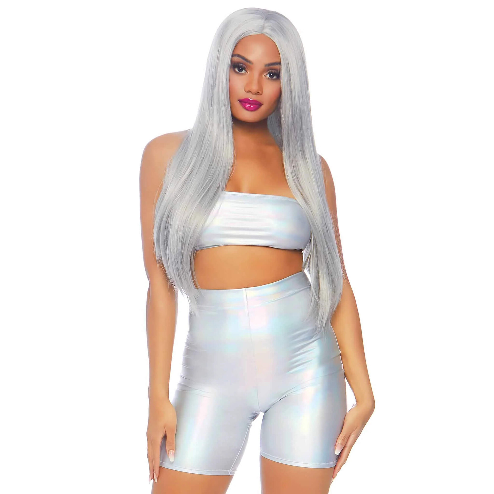 Leg Avenue 2 PC Holographic Metallic Spandex Bandeau and Bike Shorts