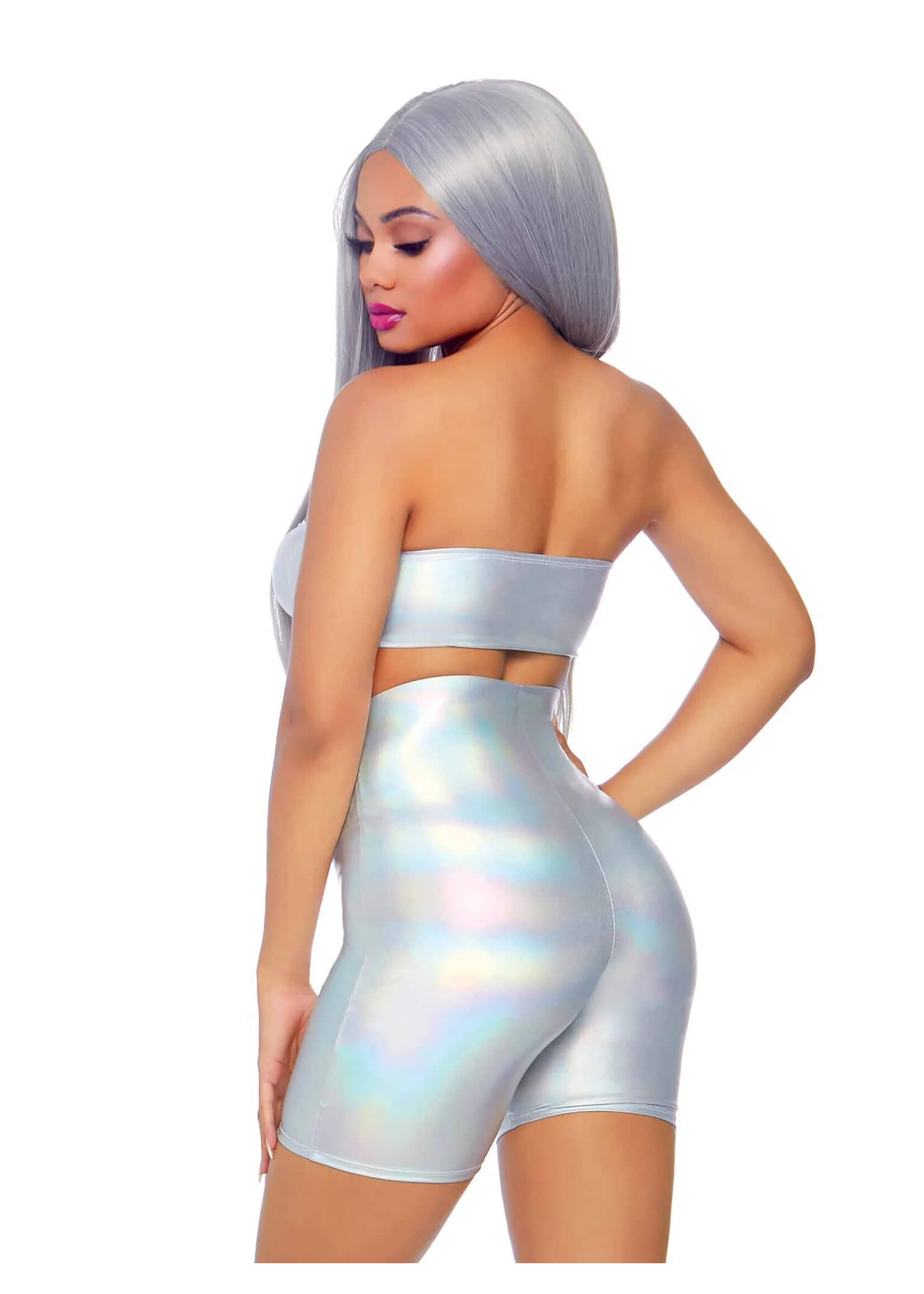 Leg Avenue 2 PC Holographic Metallic Spandex Bandeau and Bike Shorts