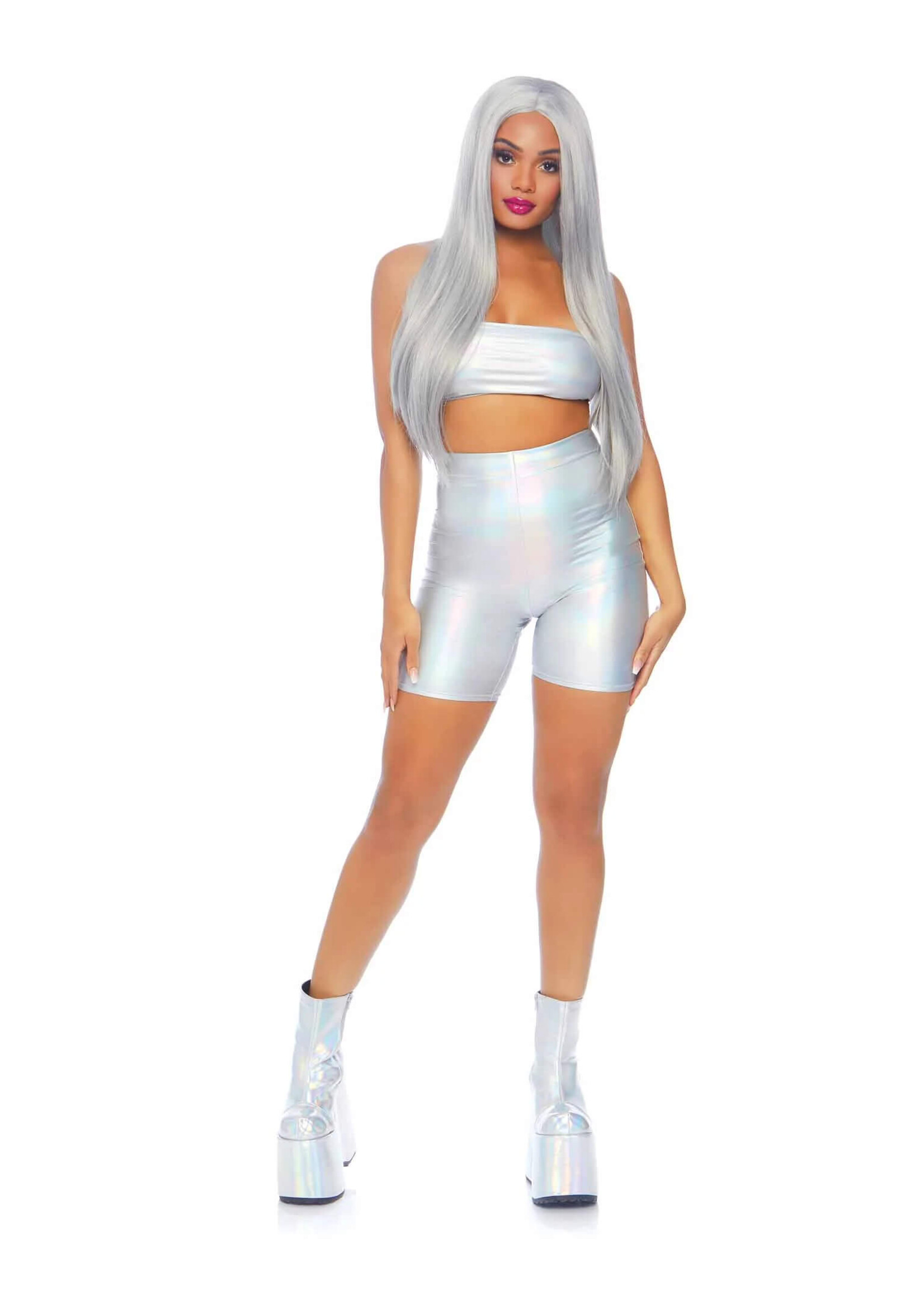 Leg Avenue 2 PC Holographic Metallic Spandex Bandeau and Bike Shorts