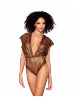 Dreamgirl Gold-Foil Lace Blouson Teddy and Rhinestone Bra Set : Large