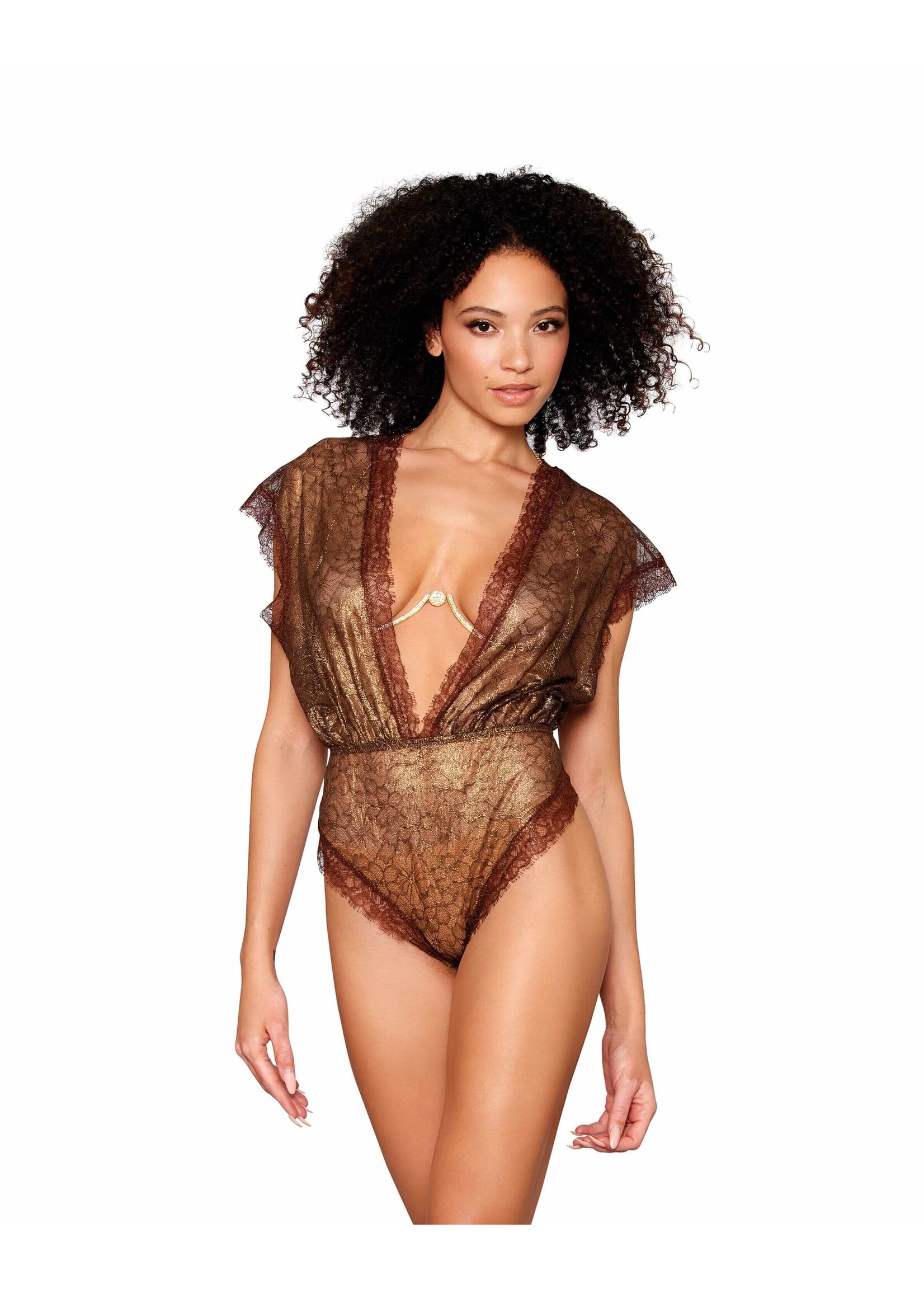 Dreamgirl Gold-Foil Lace Blouson Teddy and Rhinestone Bra Set : Large