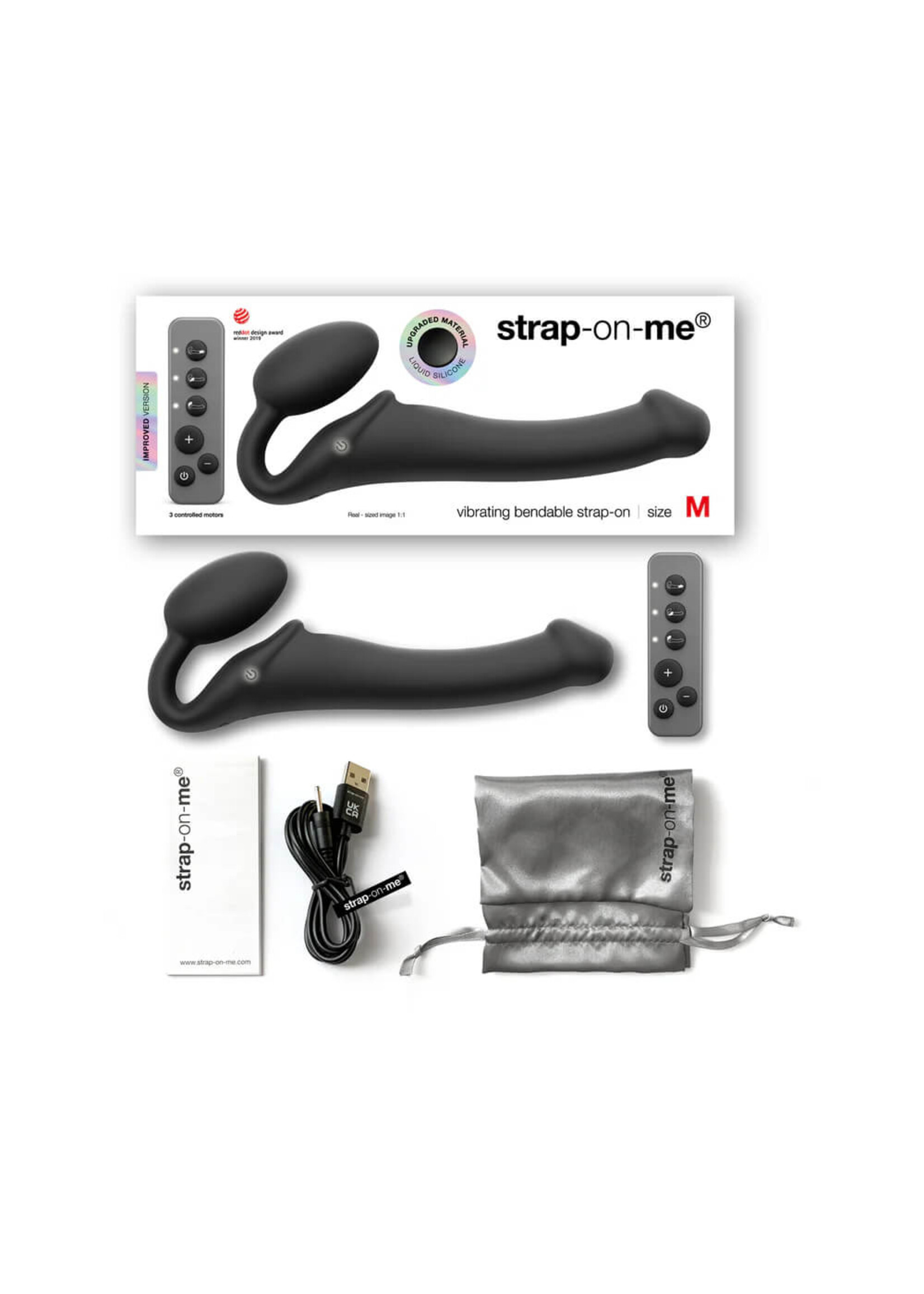 Lovely Planet Strap-On-Me Rechargeable Remote-Controlled Silicone Vibrating Bendable Strap-On Black M