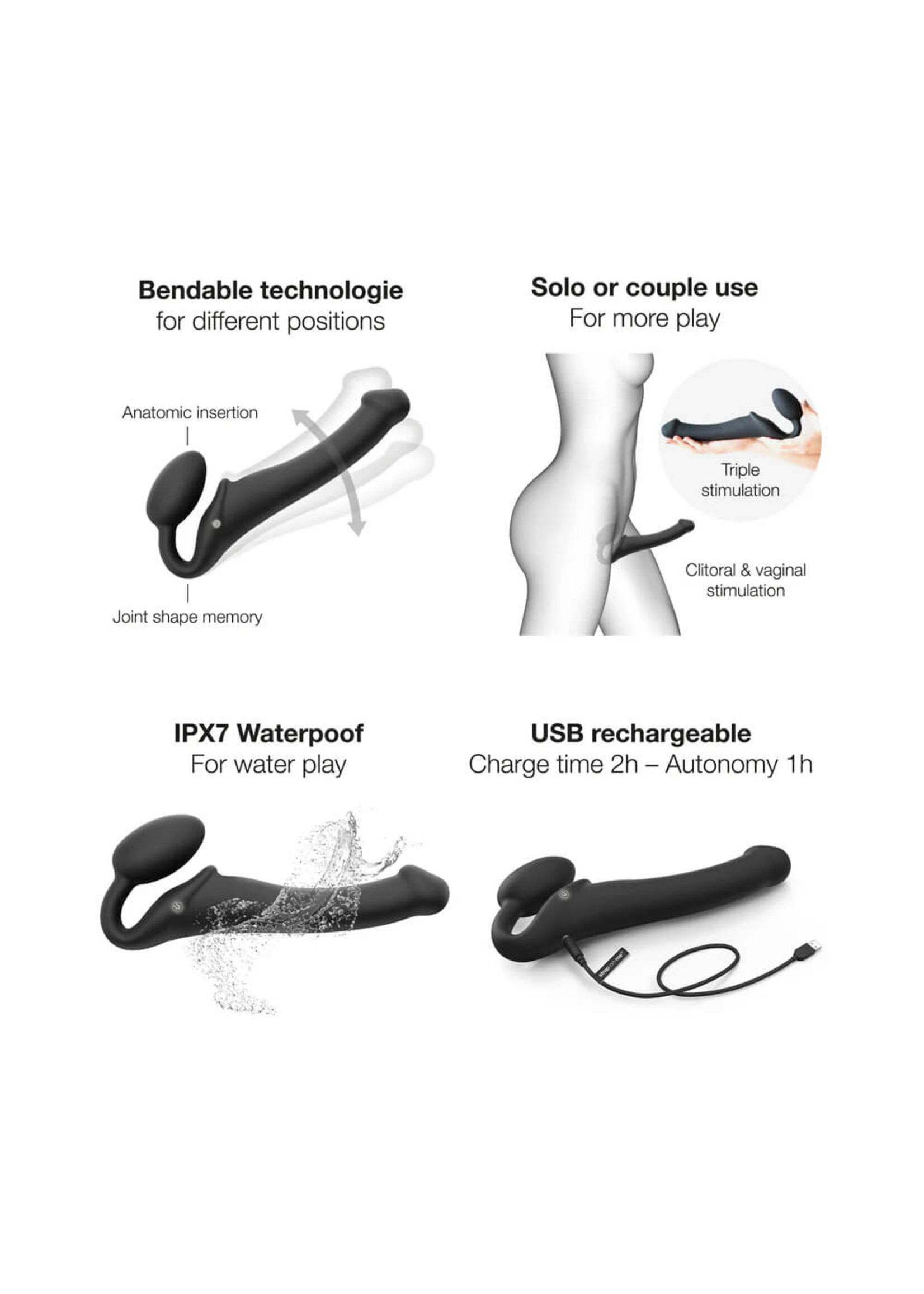 Lovely Planet Strap-On-Me Rechargeable Remote-Controlled Silicone Vibrating Bendable Strap-On Black M