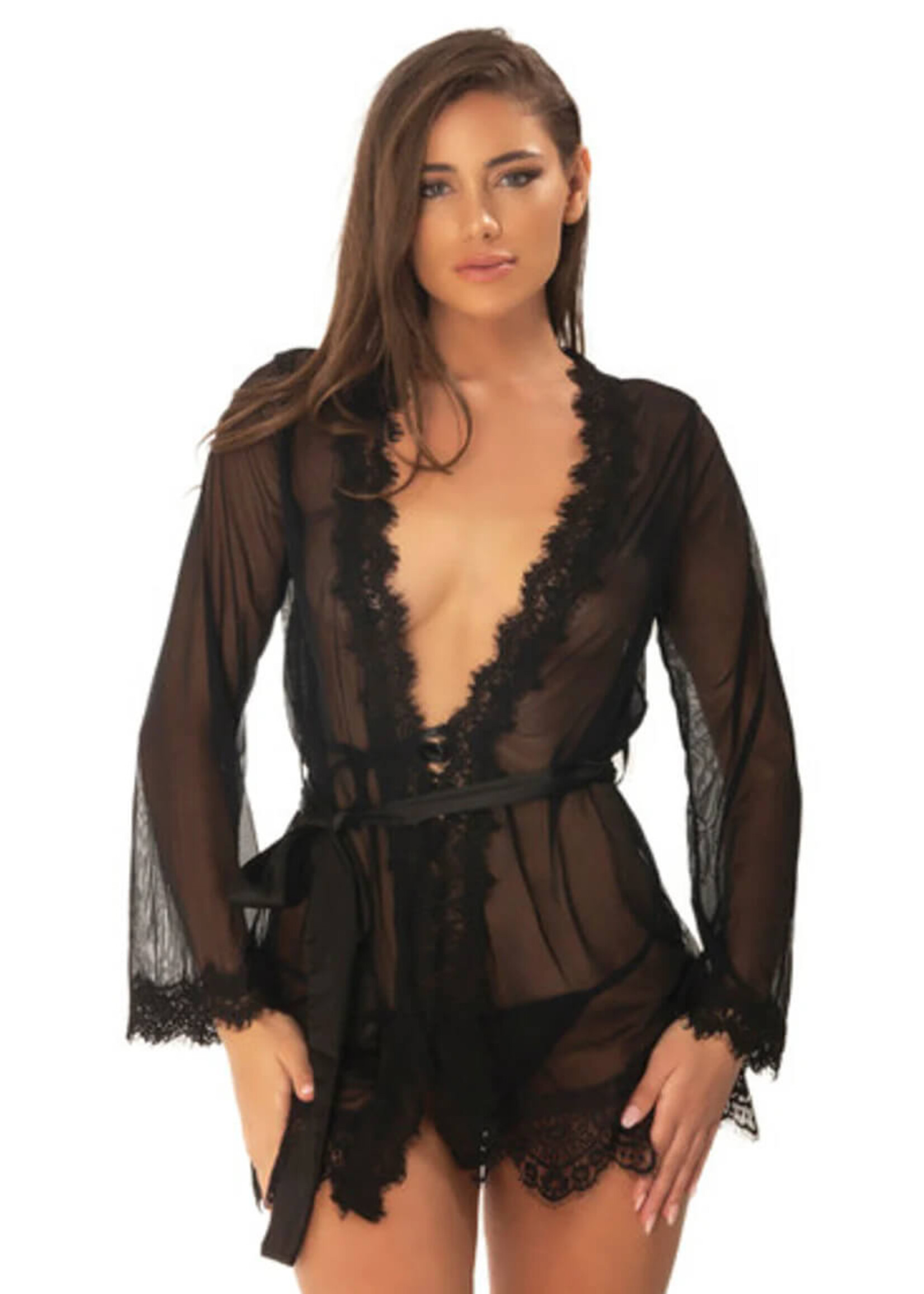 Oh La La Provence Eyelash Lace Robe w/ Satin Sash & G-String