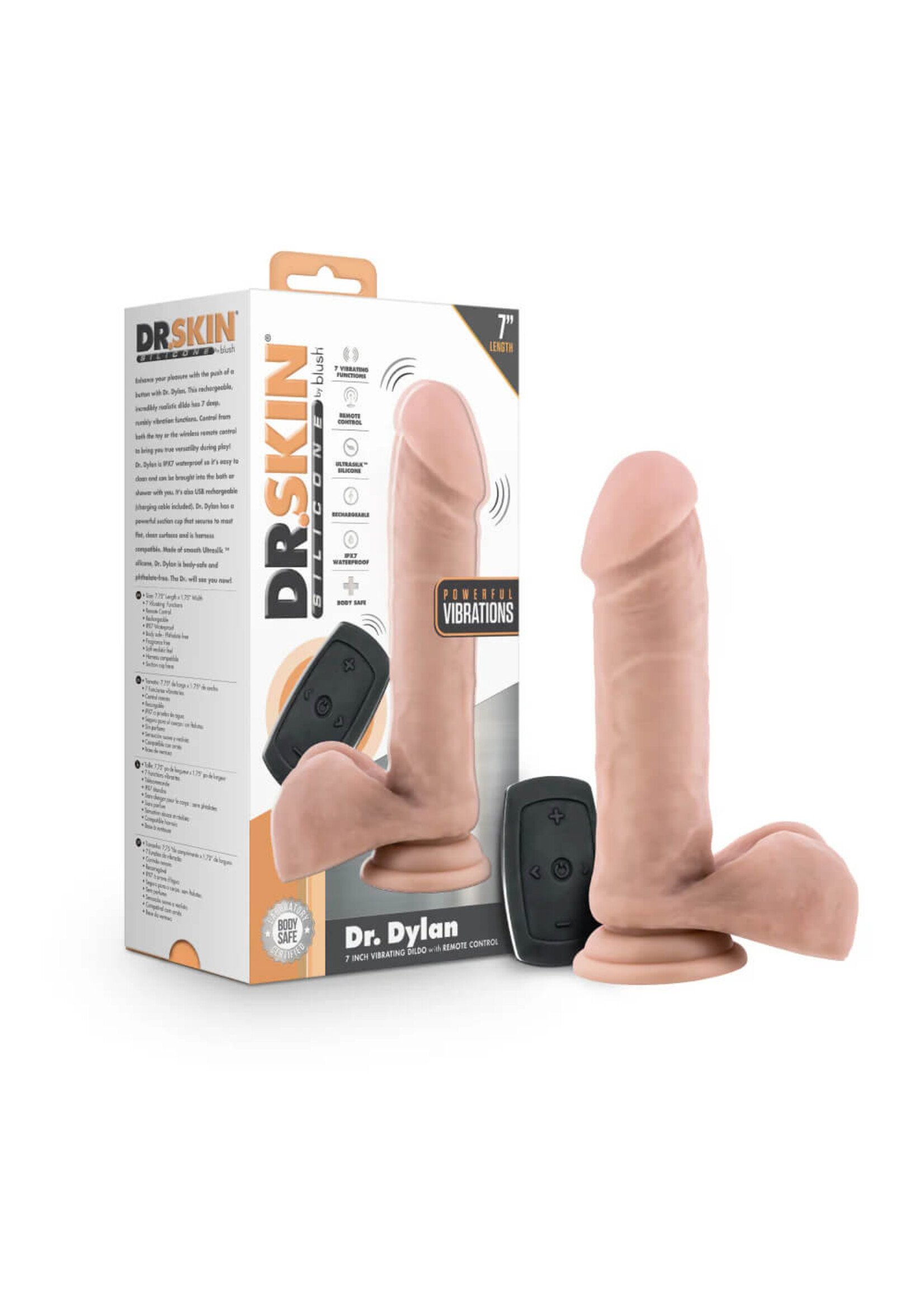 Blush Dr. Skin Silicone - Dr. Dylan - 7.5 Inch Vibrating Dildo with Remote Control- Vanilla