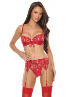 Coquette Rouge Nocturne Bra Garter Belt Thong Red