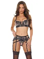 Coquette Fleur Noire Bra, Garter Belt & Panty Black