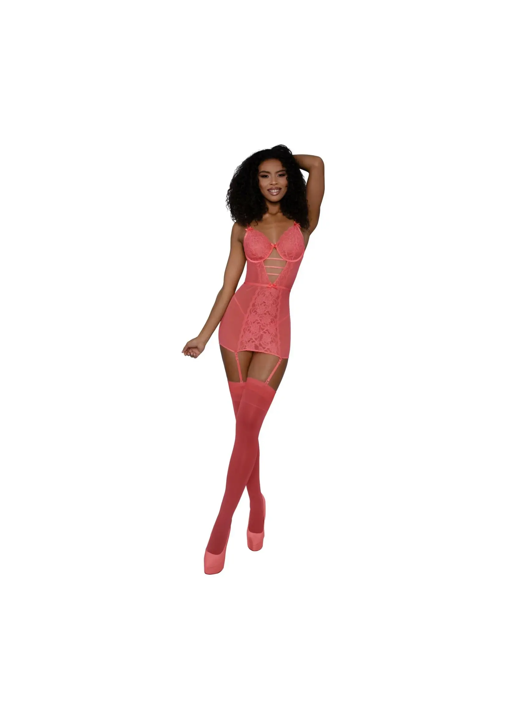 Dreamgirl Garter Chemise Set w/ Thong - Grapefruit
