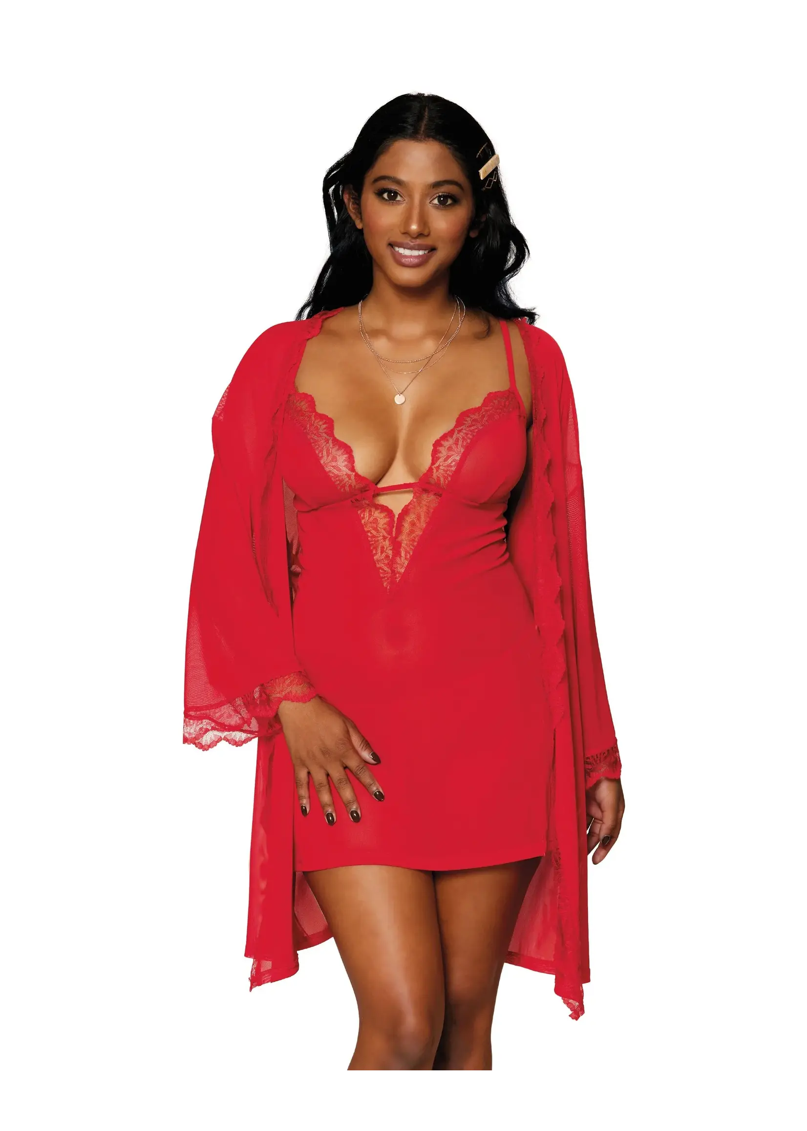 Dreamgirl Stretch Mesh Chemise & Robe Set