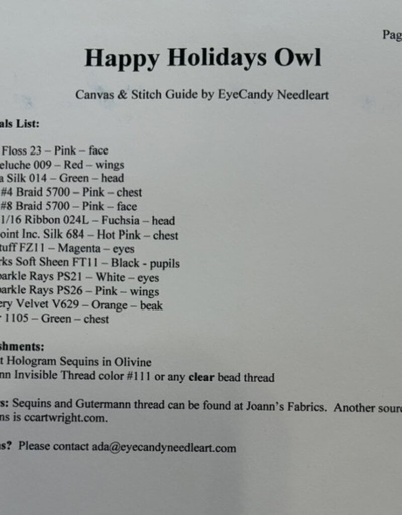 N110B Happy Holidays Owl with Stitch Guide (18M)