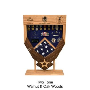 Morgan House Shadow Box in the shape of the Air Force Logo - Walnut Wings..3x5 Flag Size & Laser area at the top of display.