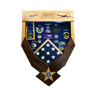 Morgan House Shadow Box in the shape of the Air Force Logo - Walnut Wings..3x5 Flag Size & Custom Print Area at the top of display.
