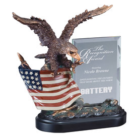 10" Tall Eagle on colored flag with 4"x6" glass plate