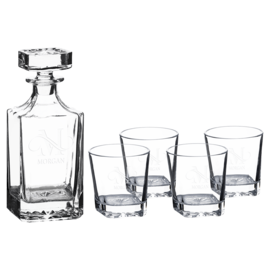 Square Glass Decanter Set with Four 11 oz. Glasses in a Black Gift Box