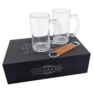 Beer Set with Two 14 oz. Mugs and One Rawhide Laserable Leatherette Bottle Opener