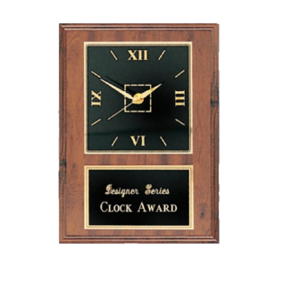 Walnut Clock Award with Black Engraving Plate – 9" x 12" Plaque