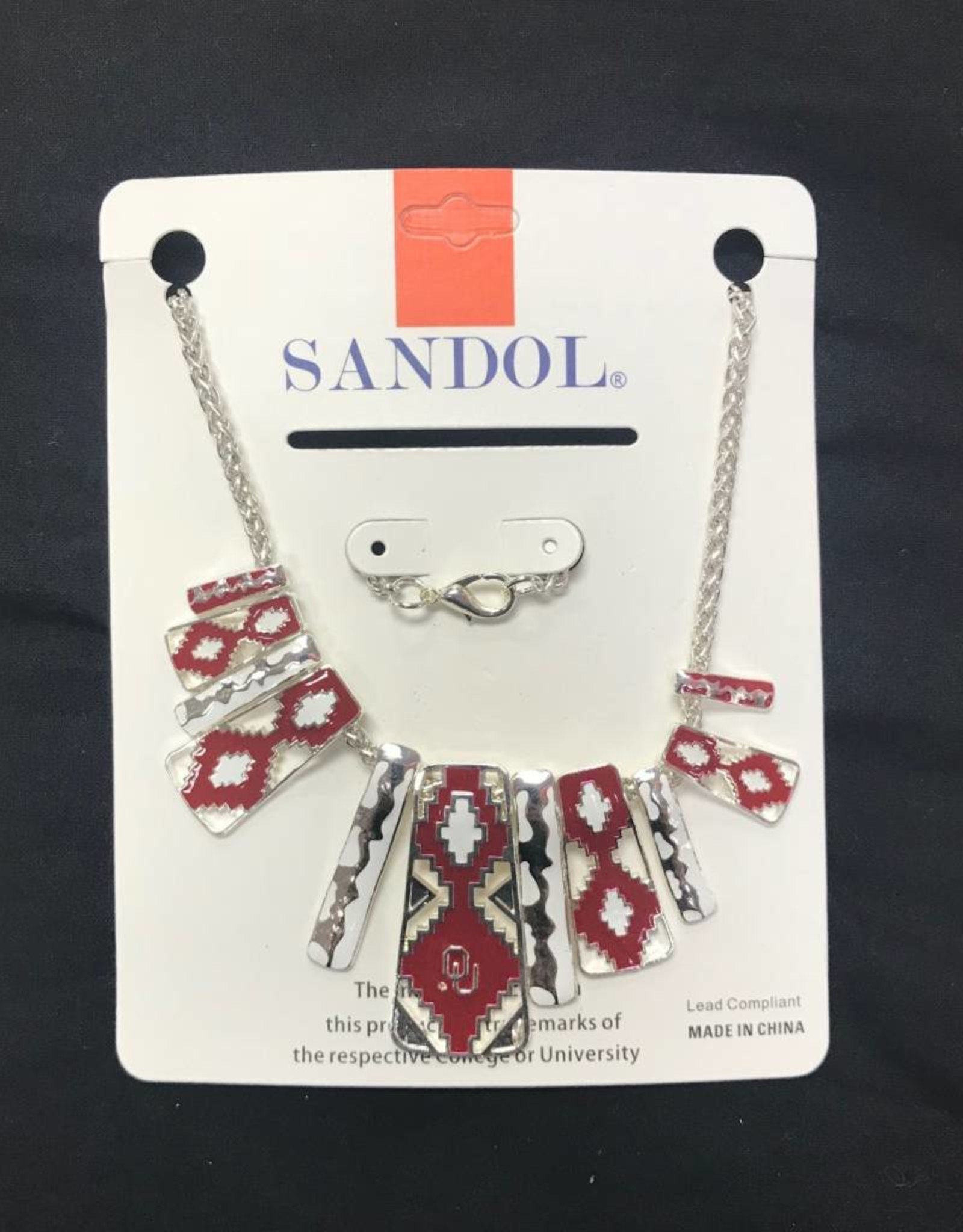 Sandol Sandol OU Aztec Design Crimson/White/Silvertone Necklace