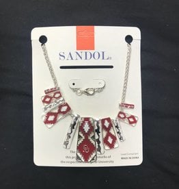 Sandol Sandol OU Aztec Design Crimson/White/Silvertone Necklace