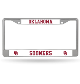 Rico Chrome License Plate Frame with Crimson Oklahoma Sooners OU on White