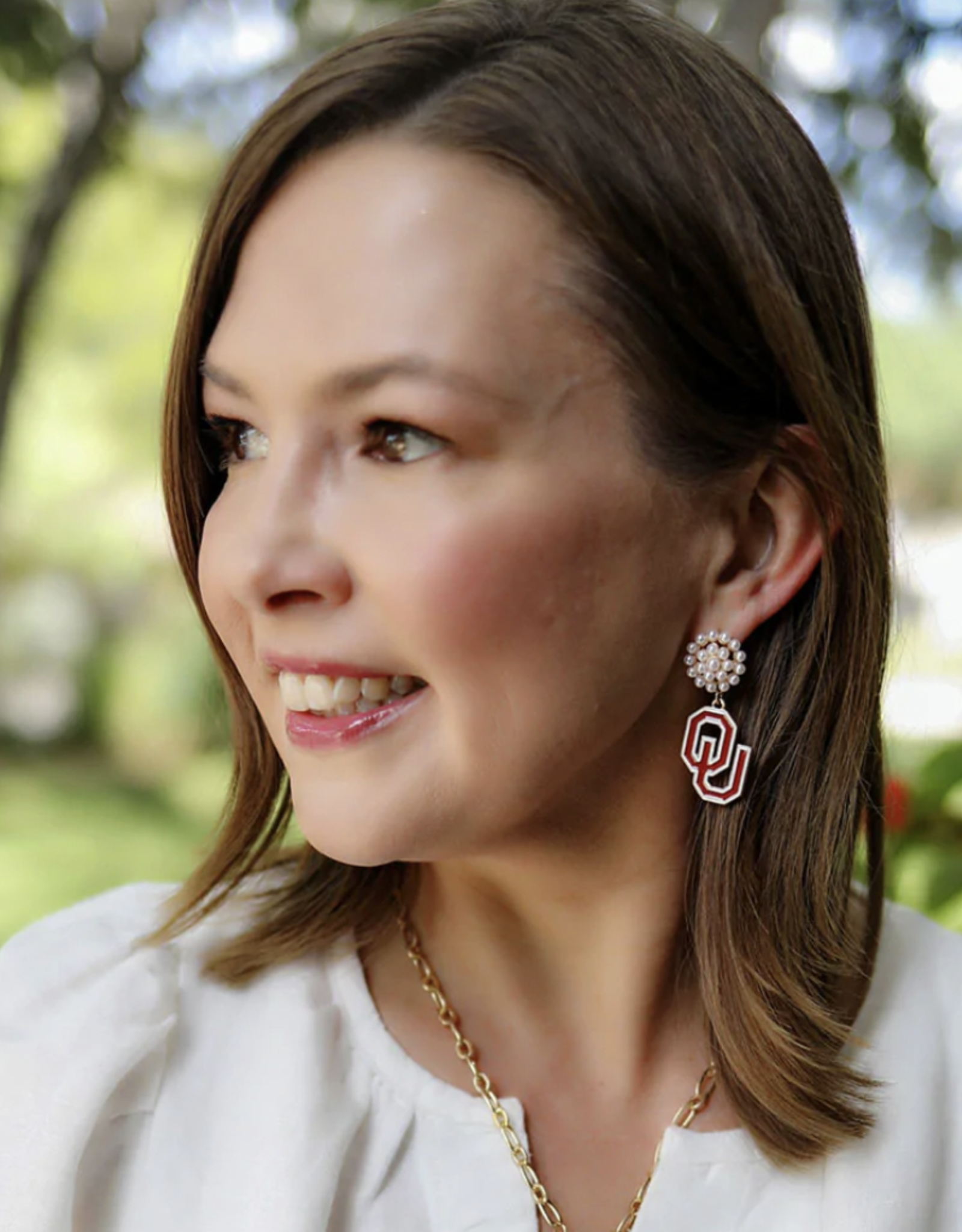 Canvas OU Pearl Cluster Enamel Drop Earrings