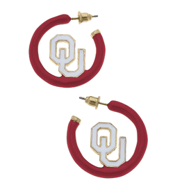 Canvas OU Enamel White & Crimson Logo Hoop Earring