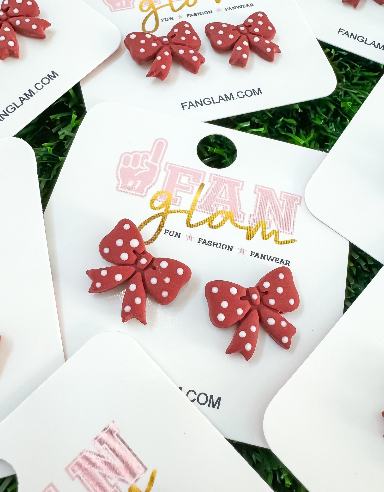 Fan Glam Crimson & White Clay Polka Dot Bow Studs