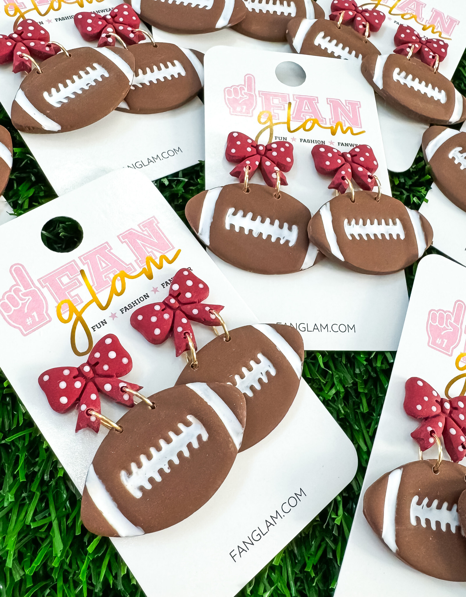 Fan Glam Crimson & White Clay Polka Dot Bow Football Dangles