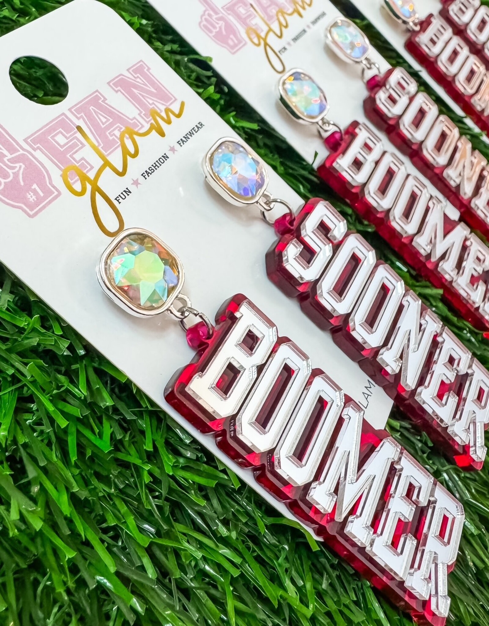 Fan Glam Boomer Sooner Block Dangle Earrings