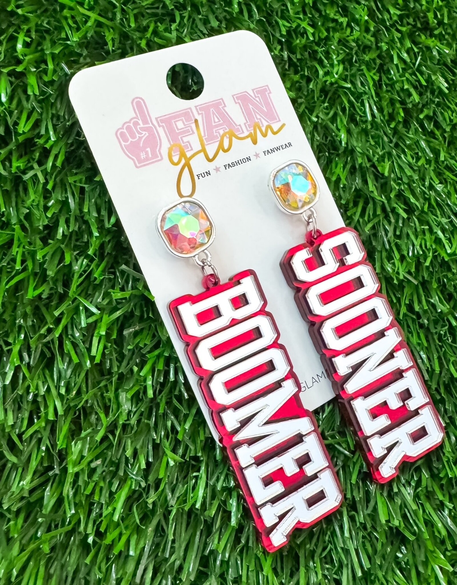 Fan Glam Boomer Sooner Block Dangle Earrings