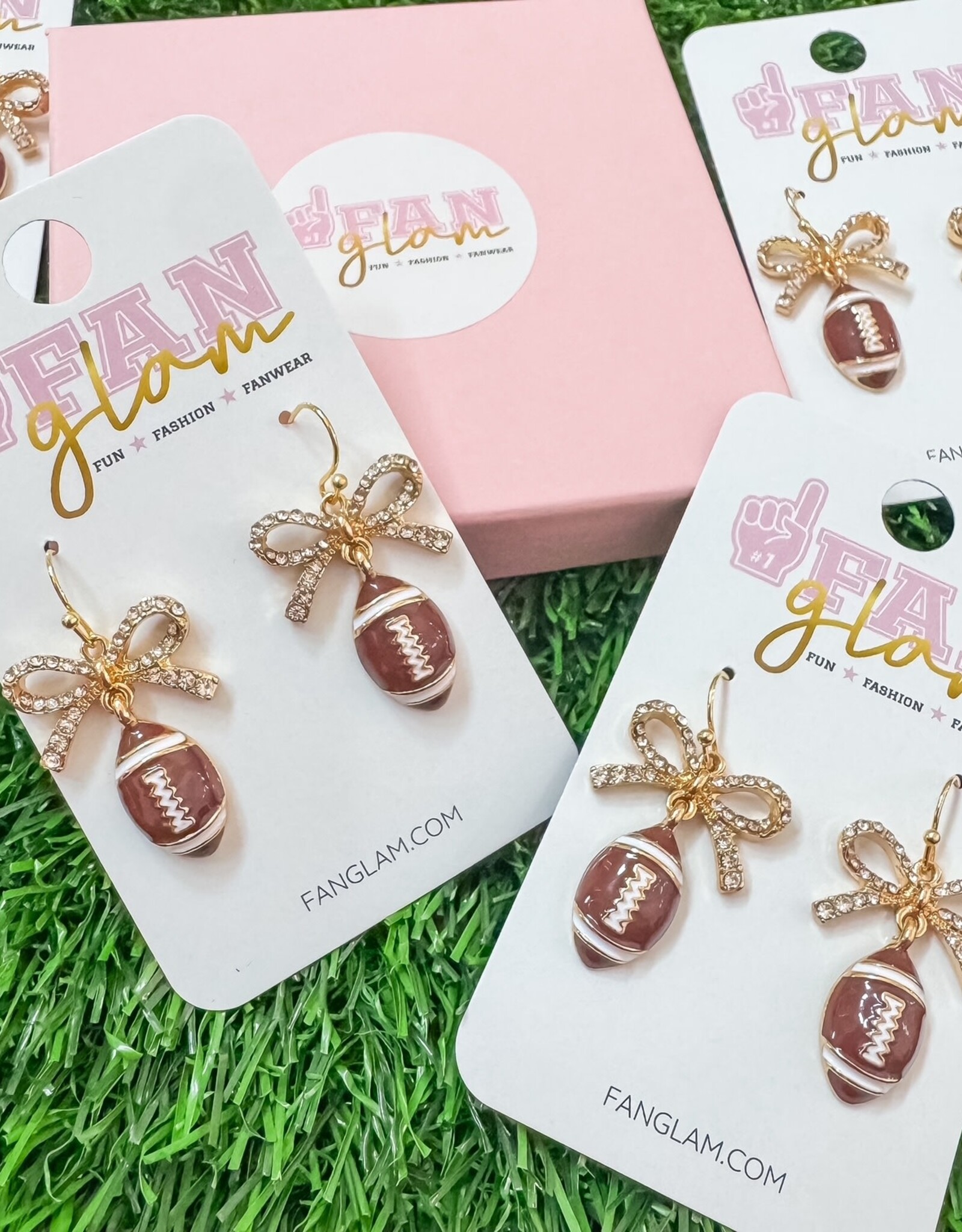 Fan Glam Dangle Rhinestone Bow with Football Earrings