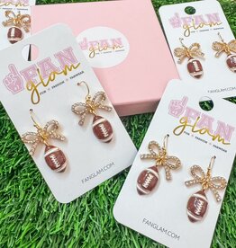 Fan Glam Dangle Rhinestone Bow with Football Earrings