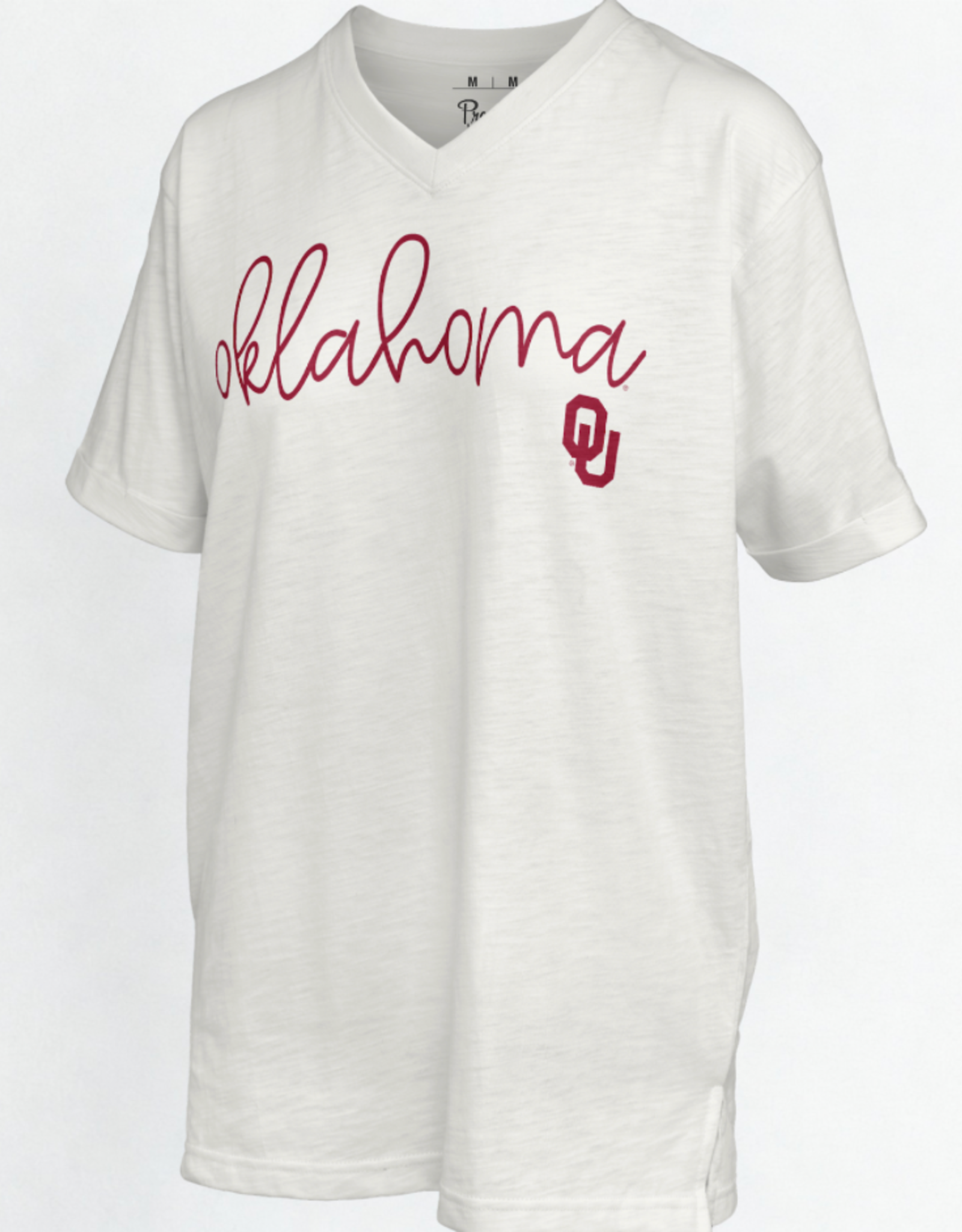 Pressbox Women's White Script Oklahoma OU V-neck Slub Top