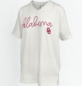 Pressbox Women's White Script Oklahoma OU V-neck Slub Top