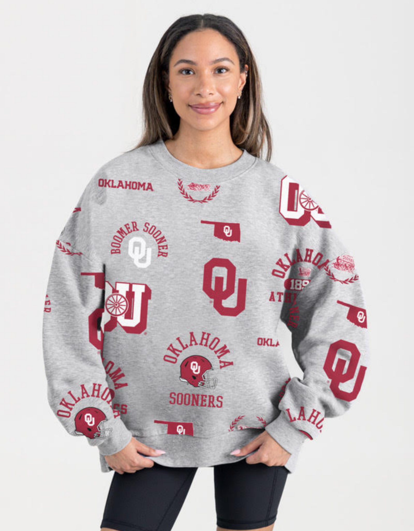 Gameday Couture Womens Gray All Over OU Designs Premium Crewneck