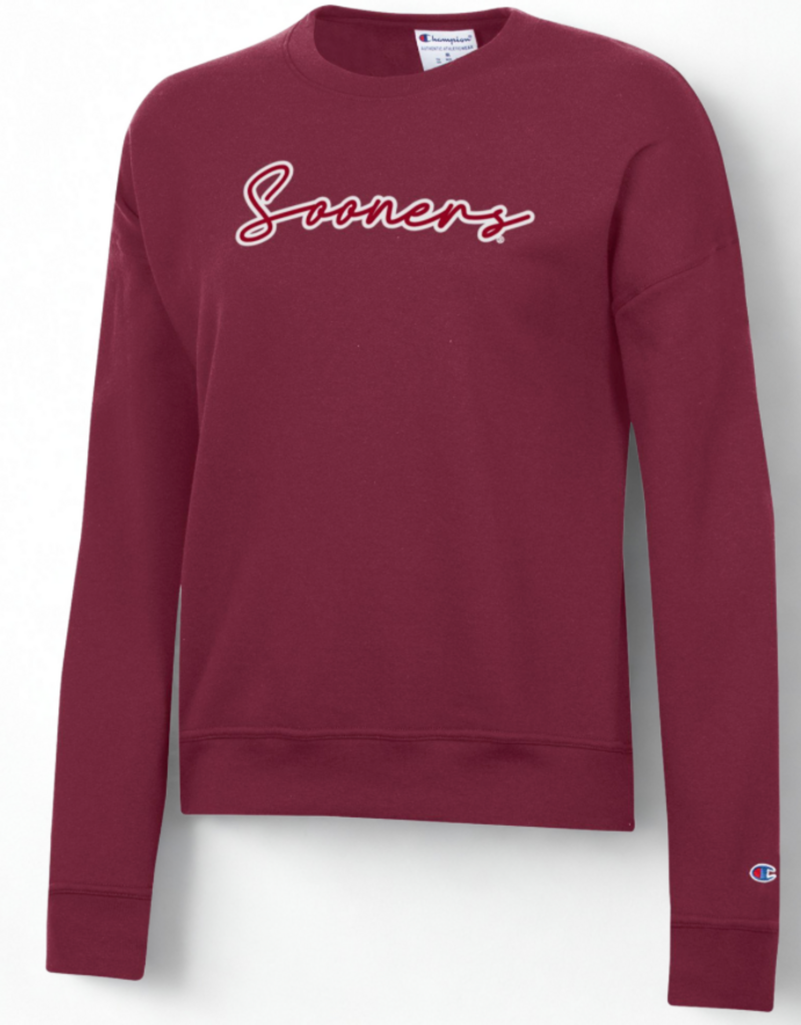 Champion Womens Sooners Script Crimson Fleece Crewneck