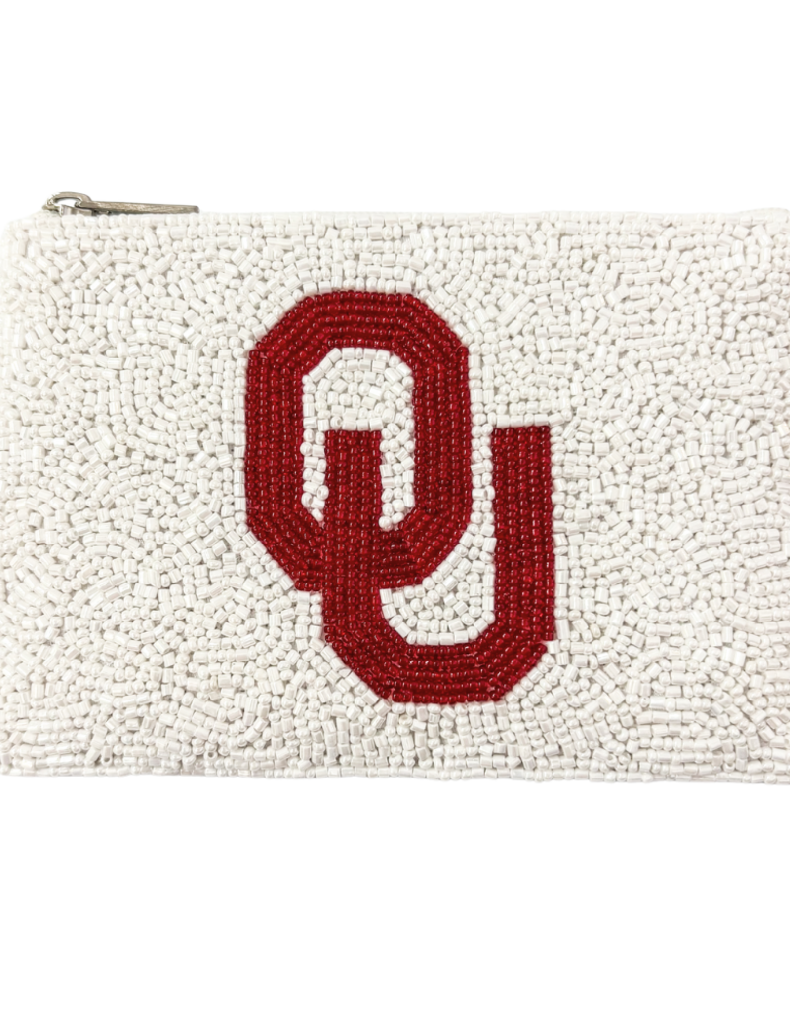 Fan Glam White Beaded OU Zip Top Coin Bag