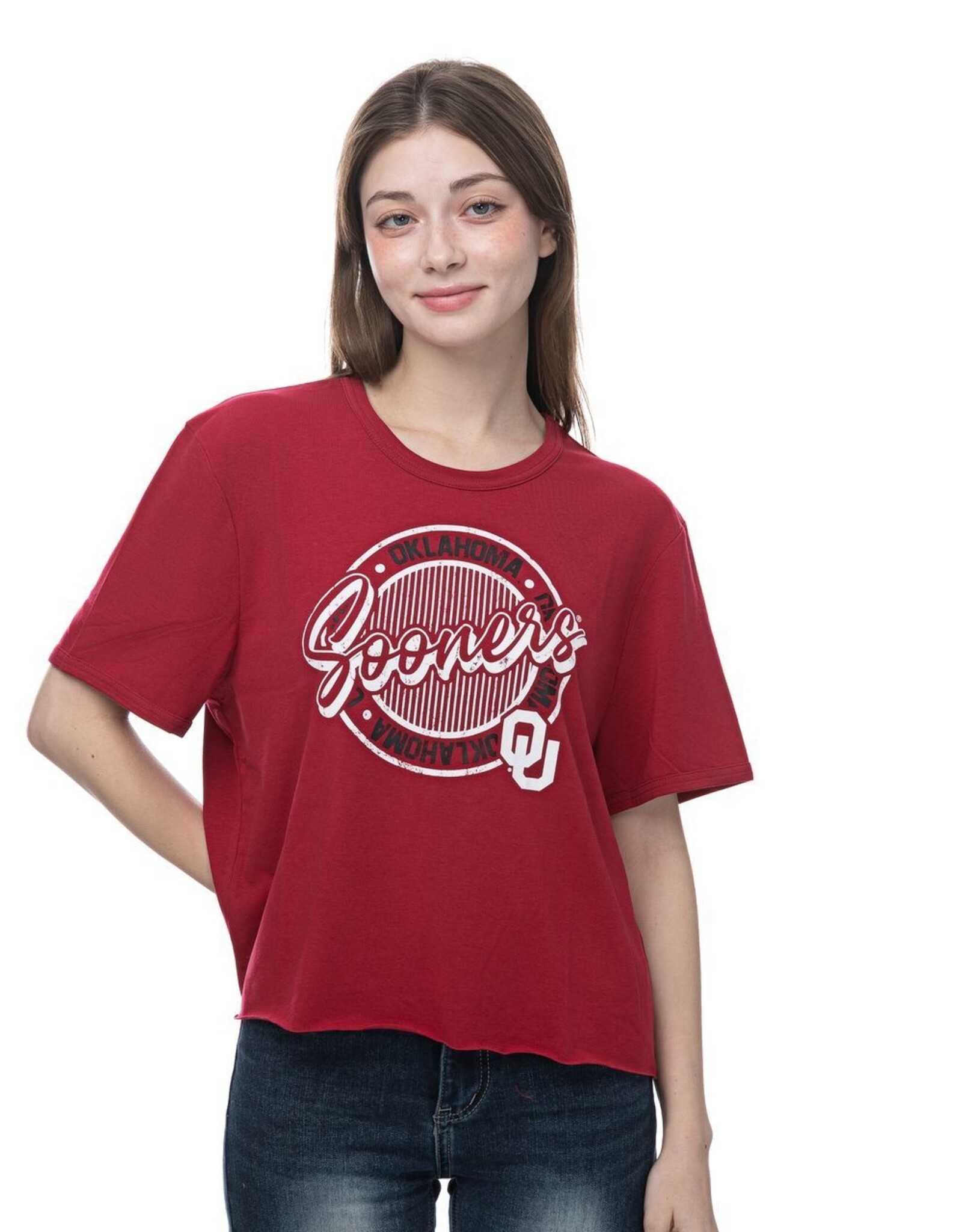 ZooZatz Women's Sooners Raw Edge Stretch Crop Tee