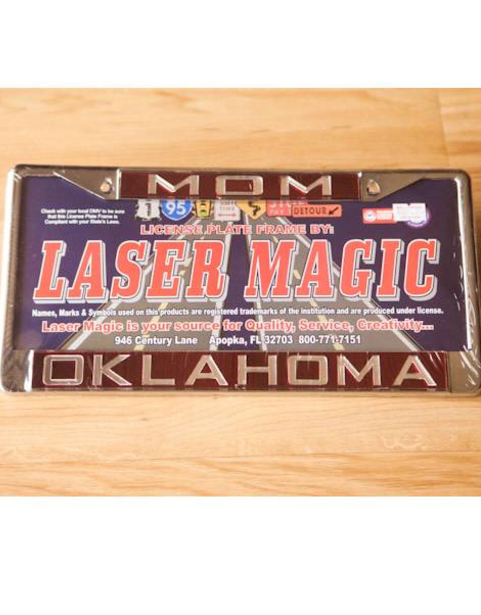 Laser Magic Mom/Oklahoma Mirrored Silver/Crimson License Frame