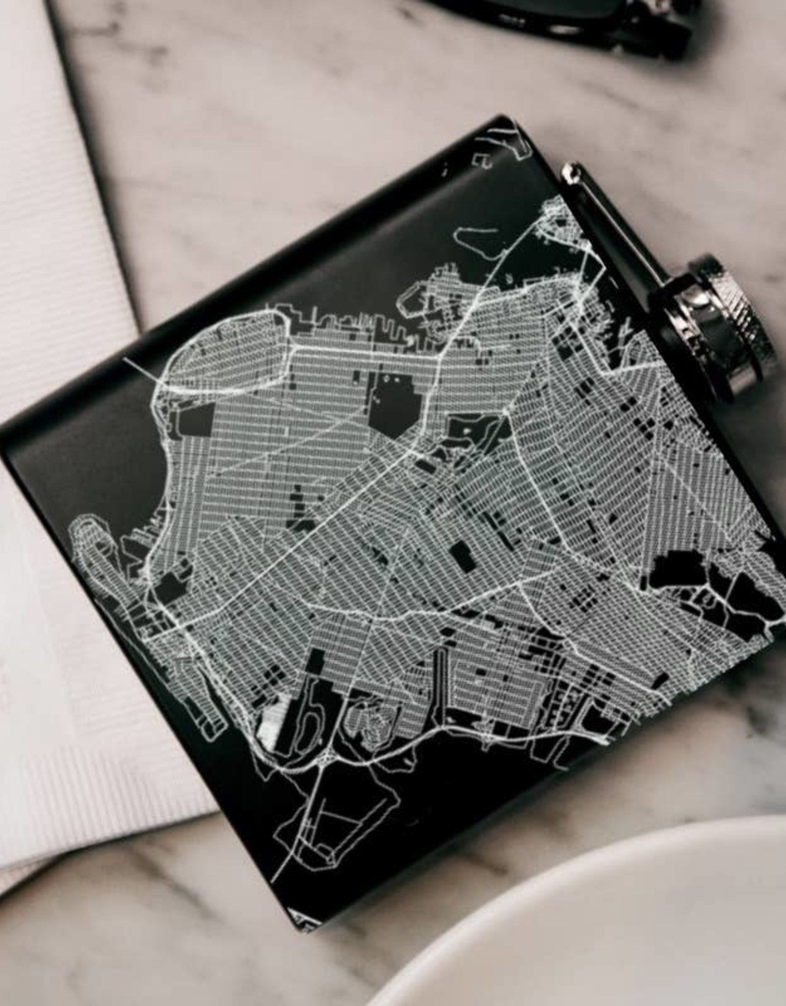 JACE.design Brooklyn Map Hip Flask in Matte Black