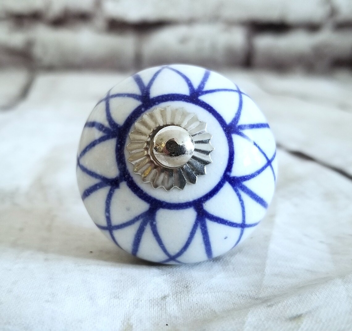 Shop Dark Blue Design on White Color Ceramic Cabinet Knob